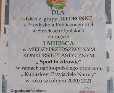 Dyplom za zajęcie pierwszego miejsca dla grupy Biedronek - powiększ