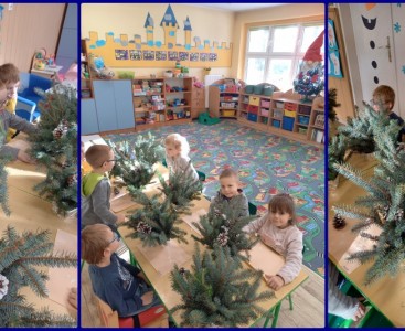 Zdjęcia ukazują przedszkolaki w czasie komponowania stroików świątecznych. - powiększ