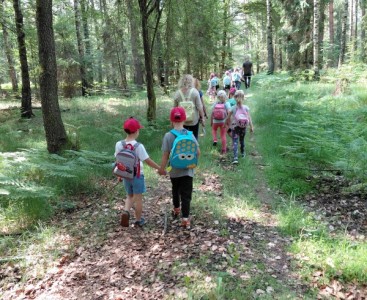 Zdjęcie przedstawia dzieci w trakcie spaceru po lesie.  - powiększ