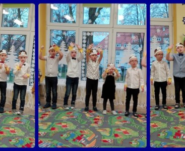 Zdjęcia pokazują przedszkolaki w czasie tańca  do utworu muzycznego „Gwiazdki”. - powiększ