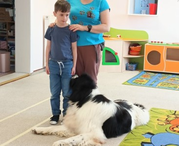 Zdjęcie przedstawia dzieci w trakcie zajęć z dogoterapii.  - powiększ